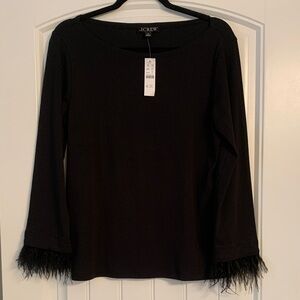 NWT J. Crew Black Long Sleeve Top with Feather Cuffs